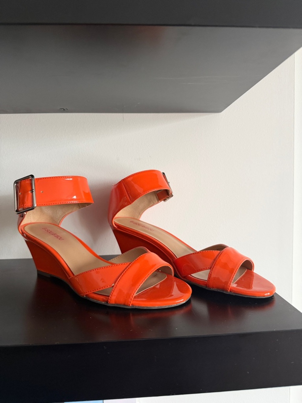 Bisou Bisou Orange Patent Ankle-Strap Wedge Sandals
